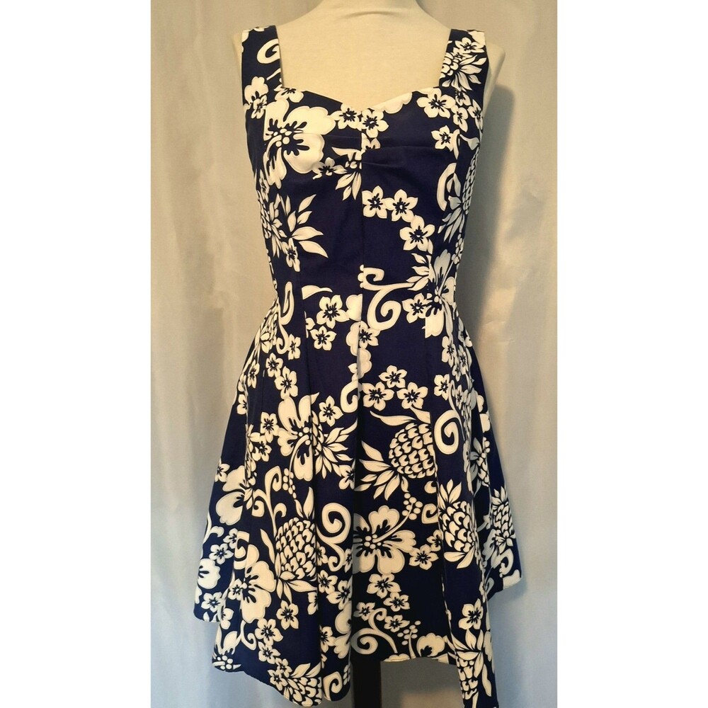 VTG Jade Fashions Hawaii Blue Floral Sun Dress sweetheart neckline Sz S